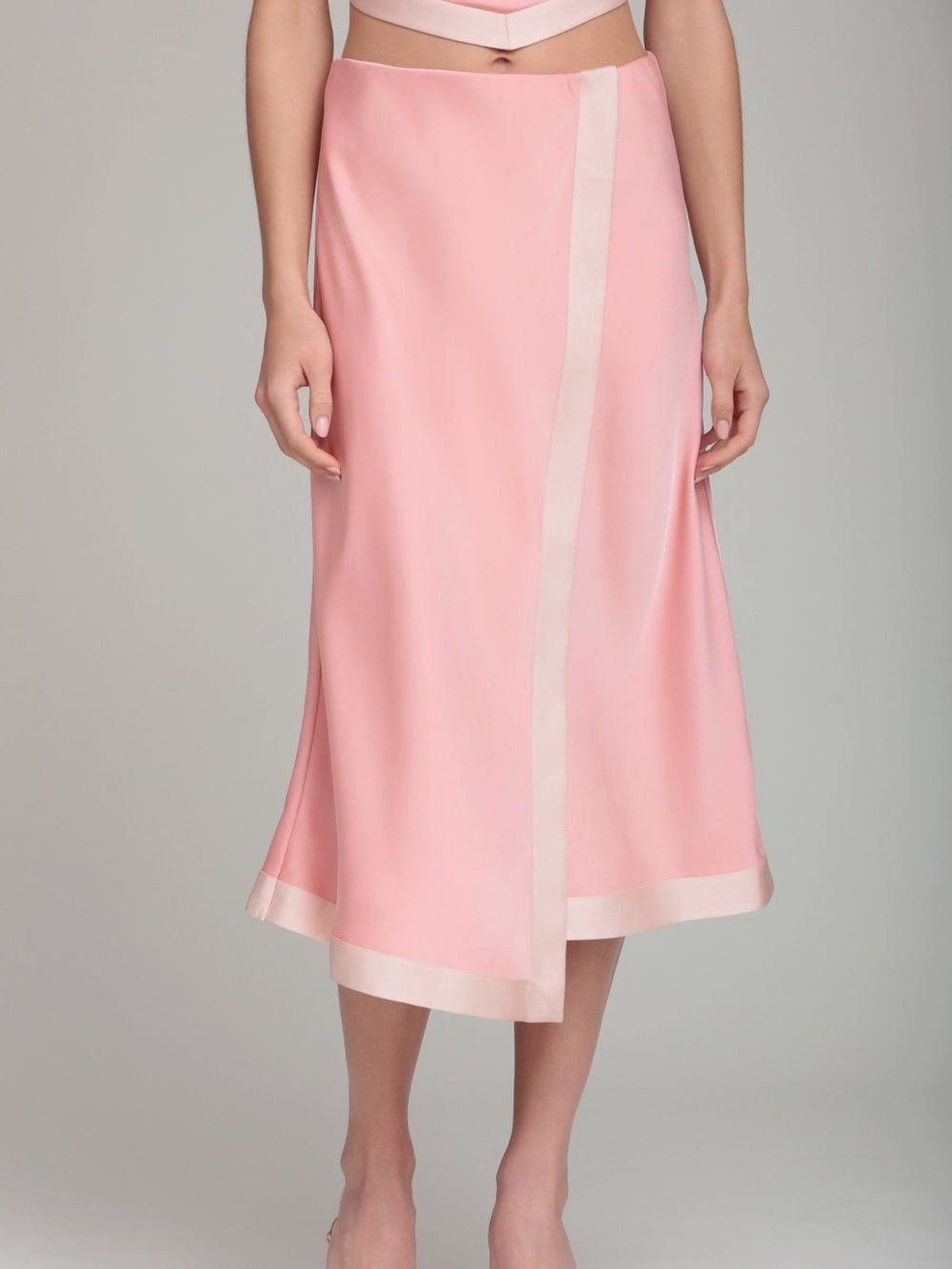 Avec Les Filles Coral Pink Satin Faux Wrap Maxi Slip Skirt